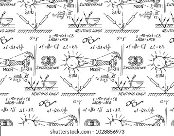 Law of optics. Retro education and scientific background. Math and physic formula, equation and outlines on white board. Vector hand-drawn seamless pattern.