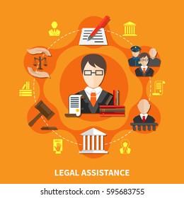 Law orange composition with advocate in court of law and legal justice headline vector illustration