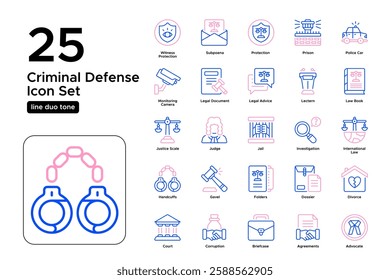 Law and Order in Business Contracts. Legal Agreement, Signature, and Compliance. Vector Illustration. Oultine duo tone icon set