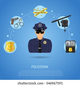 Law and Order Concept with flat icons Policeman, Badge, Handcuffs, gun and radio. vector illustration