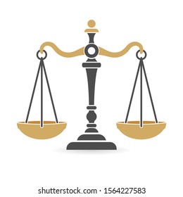 Concepto de ley y orden. logotipo de protección con escalas de justicia. iconos planos para cartel, Sitio web, publicidad, logotipo. Ilustración vectorial aislada