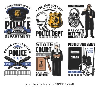 Law and order, court jurisprudence icons. Judge or lawyer in wig, detective with magnifying glass and police gear vector. Police department, private detective and crime prevention, state court badges