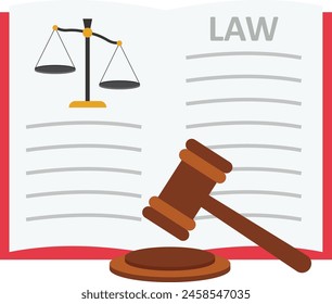 Law, Order, Court Symbols Vector Illustration. Magistrate Gavel, Scales, Cases Reports, Book. Legal Advice, Consulting Firm. Wooden Judge Hammer. Jurisprudence Textbooks

