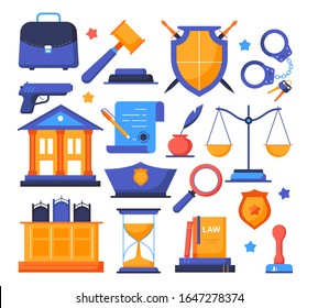 Recht und Ordnung - Flaches Design-Elemente einzeln auf weißem Hintergrund. Eine Reihe von bunten Objekten, Symbolen. Waage, Waage, Gericht, Handschellen, Rollen, Pistole, Schilder, Symbole von Verbrechen und Strafe