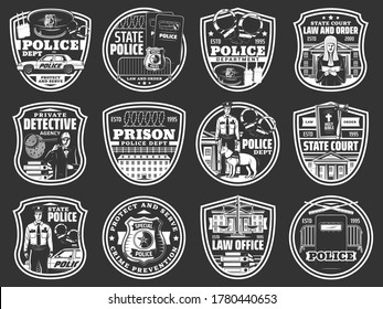 Law and order icons of vector police, law office, detective, prison and court design. Police officer, jail and court, judge gavel, sheriff badge, policeman cap and scale of justice, handcuffs and car