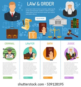 Law and Order infographics with flat icons Lawyer, criminal, oath and judge. vector illustration