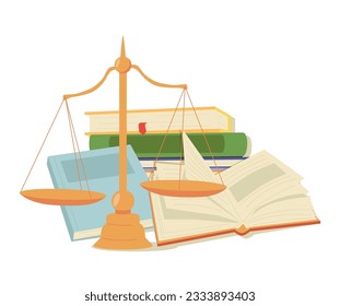 Law, order, judicial symbols vector illustration. Scales, minutes of cases, book. Legal advice, Consulting firm. Law textbooks