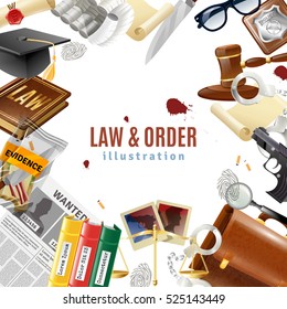 Law And Order Judicial System Symbols Frame Composition Poster With Weapon Crime Evidence An Handcuffs Vector Illustration