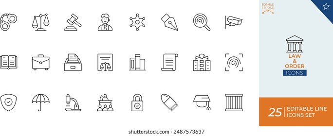 Law And Order Line Icons" es un conjunto de íconos minimalistas, de estilo esquemático, que representan Elementos asociados con la aplicación de la ley y el sistema judicial.