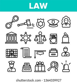 Law and Order Linear Vector Icons Set. Law, Jurisprudence Thin Line Contour Symbols Pack. Judicial System Pictograms Collection. Legal, Civil Rights. Lawyer, Judge, Courthouse Outline Illustrations