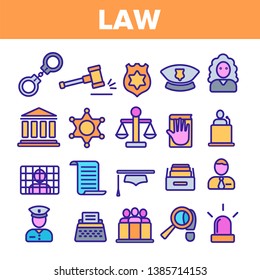 Law and Order Linear Vector Icons Set. Law, Jurisprudence Thin Line Contour Symbols Pack. Judicial System Pictograms Collection. Legal, Civil Rights. Lawyer, Judge, Courthouse Outline Illustrations