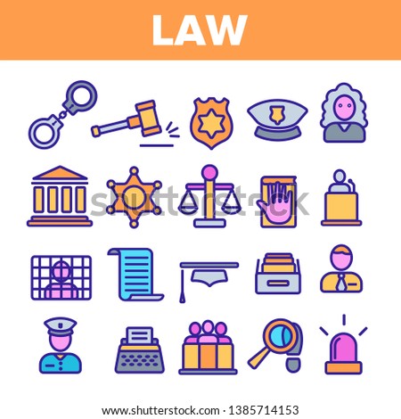 Law and Order Linear Vector Icons Set. Law, Jurisprudence Thin Line Contour Symbols Pack. Judicial System Pictograms Collection. Legal, Civil Rights. Lawyer, Judge, Courthouse Outline Illustrations