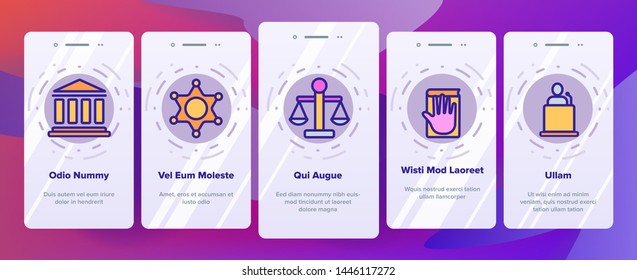Law and Order Linear Vector Onboarding Mobile App Page Screen. Law, Jurisprudence Thin Line Contour. Judicial System Pictograms Collection. Legal, Civil Rights. Lawyer, Judge, Courthouse Illustrations