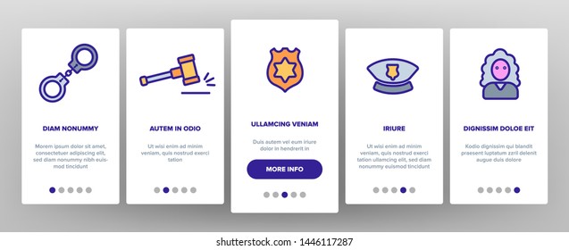 Law and Order Linear Vector Onboarding Mobile App Page Screen. Law, Jurisprudence Thin Line Contour. Judicial System Pictograms Collection. Legal, Civil Rights. Lawyer, Judge, Courthouse Illustrations
