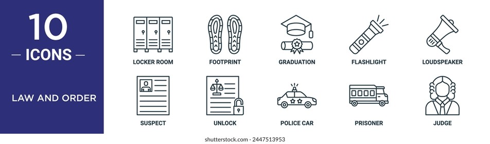 el conjunto de iconos de esquema de ley y orden incluye vestuario de línea fina, huella, graduación, linterna, altavoz, sospechoso, iconos de desbloqueo para informe, presentación, diagrama, Diseño web