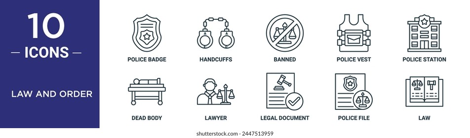 law and order outline icon set includes thin line police badge, handcuffs, banned, police vest, police station, dead body, lawyer icons for report, presentation, diagram, web design