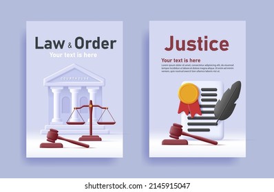 Law And Order Poster With Court Attributes Like Court Building, Document And Justice Scales And Judge Hammer