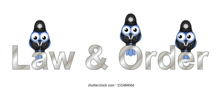 Law and order text with British policemen isolated on white background