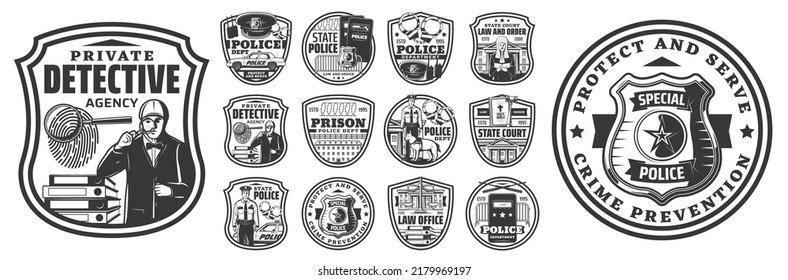 Law And Order Vector Icons Police, Law Office And Private Detective. Prison, Court And Officer With Dog, Jail And Judge, Sheriff Badge, Policeman Cap And Scale Of Justice, Handcuffs And Car Labels Set