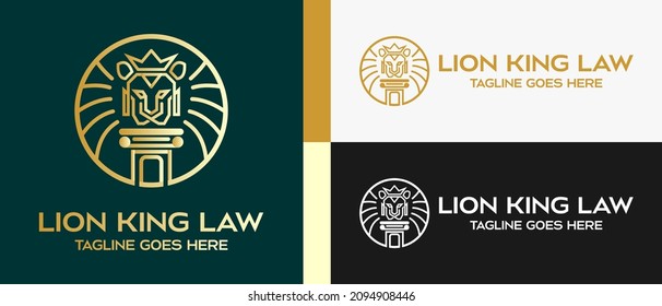 law pillar and lion head logo design template with crown in luxury outline. vector illustration