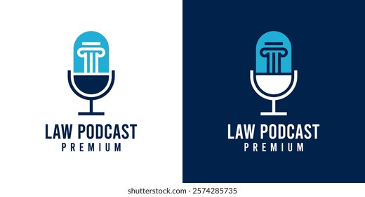 Law podcast microphone logo design vector template. Voice of law logo design icon. Microphone logo icon with attorney law legal scale or pile symbol illustration for justice, lawyer, judge, advocate.