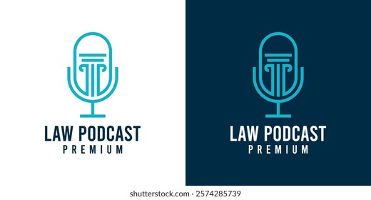 Law podcast microphone logo design vector template. Voice of law logo design icon. Microphone logo icon with attorney law legal scale or pile symbol illustration for justice, lawyer, judge, advocate.