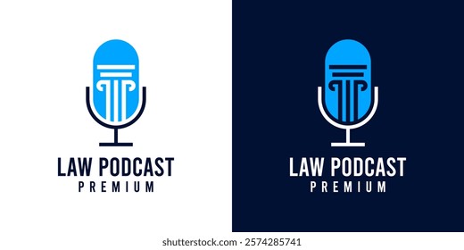 Law podcast microphone logo design vector template. Voice of law logo design icon. Microphone logo icon with attorney law legal scale or pile symbol illustration for justice, lawyer, judge, advocate.