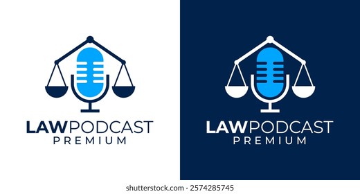 Law podcast microphone logo design vector template. Voice of law logo design icon. Microphone logo icon with attorney law legal scale or pile symbol illustration for justice, lawyer, judge, advocate.