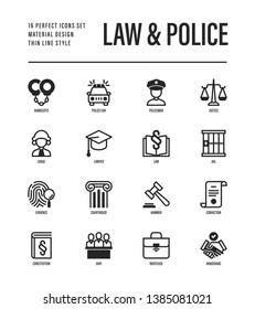 Law and police set. Policeman, judge, prosecutor, lawyer, court, prison, fingerprint, conviction, evidence flat line icons. Vector illustration.