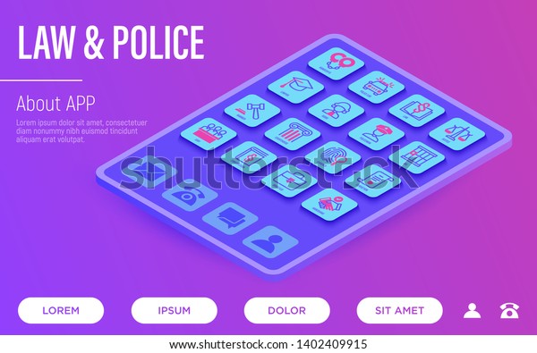 Law and police web\
page template. Policeman, judge, prosecutor, lawyer, court, prison,\
fingerprint, conviction, evidence flat line isometric icons. Vector\
illustration.