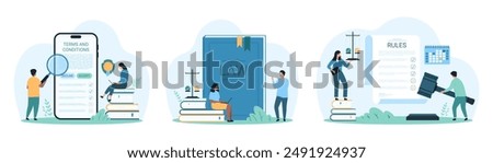 Law, policy and rules set. Tiny people study books of legislation and jurisprudence, research Terms and conditions with magnifying glass on phone screen and paper sheet cartoon vector illustration