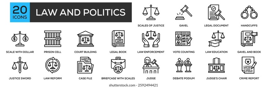 law and politics icon set collection. Containing design Scales of Justice, Gavel, Legal Document, Handcuffs, Scale with Dollar