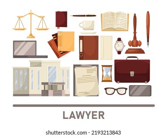 Law Practice Elements Vector Illustrations Set. Court Symbols, Legal Documents, Scales, Gavel Of Judge, Law Books, Courthouse, Pen Isolated On White Background. Law, Justice, Legislation Concept