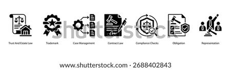 Law Practice web banner icon vector illustration featuring Trust And Estate Law, Trademark, Case Management, Contract Law, Compliance Checks, Obligation, and Representation.