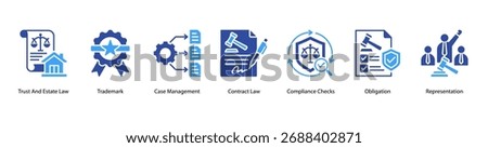 Law Practice web banner icon vector illustration featuring Trust And Estate Law, Trademark, Case Management, Contract Law, Compliance Checks, Obligation, and Representation.