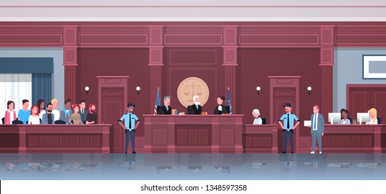 Law process with judge jury suspect and police officers lawyer or attorney giving a speech, court session modern courthouse courtroom interior, full length horizontal