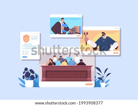 law process with judge jury suspect and lawyer or attorney in web browser windows online court session concept
