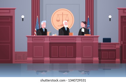 Law Process With Judge Lawyer And Procurator In Uniform Sitting At Workplace Court Session Modern Courtroom Interior Justice And Jurisprudence Concept Portrait Horizontal