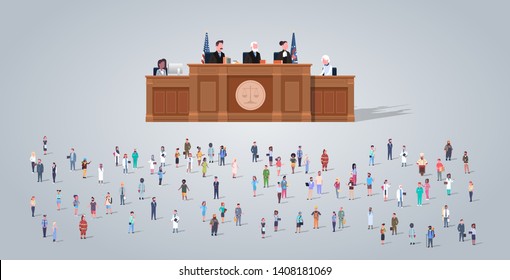 law process with judge lawyer and procurator with people group different occupation employees mix race workers crowd court session concept horizontal full length flat