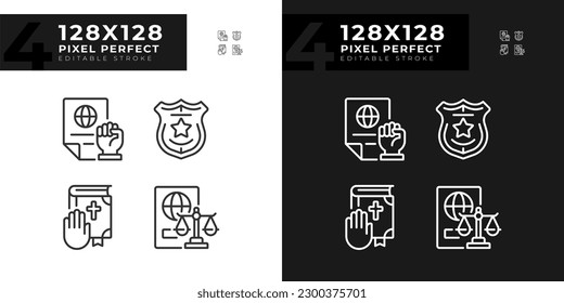 Law protecting human rights pixel perfect linear icons set for dark, light mode. Equality in justice system. Order. Thin line symbols for night, day theme. Isolated illustrations. Editable stroke