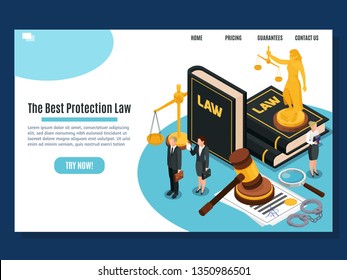 Law protection judicial and justice court systems public services home page isometric composition website design vector illustration