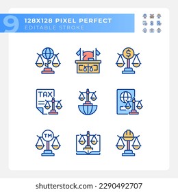 Law regulation in various industries pixel perfect RGB color icons set. Legal institutions. State systems. Isolated vector illustrations. Simple filled line drawings collection. Editable stroke