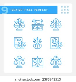Law regulation in various industries pixel perfect gradient linear vector icons set. Legal institutions. Thin line contour symbol designs bundle. Isolated outline illustrations collection
