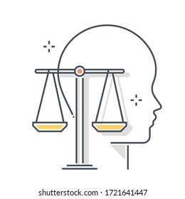 Law related color line vector icon, illustration. The icon is about management, principles, scale, equality, judgement, avatar, face. The composition is infinitely scalable.