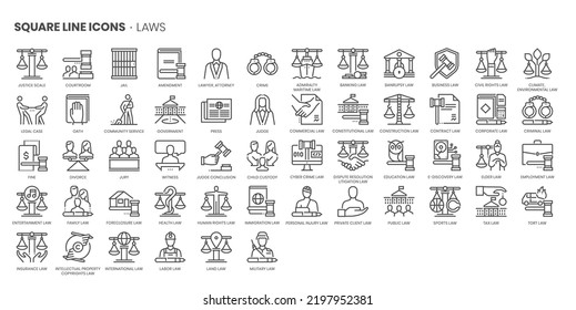 Law related, pixel perfect, editable stroke, up scalable square line vector icon set. 