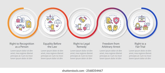 Law rights protection infographics circles sequence. Personal information, documentation. Visualization layout with 5 steps. Info chart loop process presentation