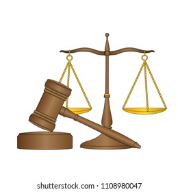 Law Scale Balance And Hammer On White Background