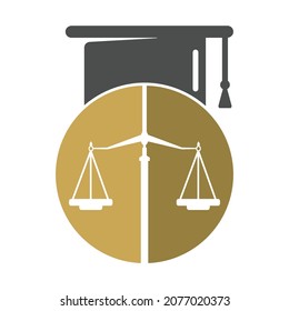 Law scale with graduation cap icon logo design. Law education vector logo concept.