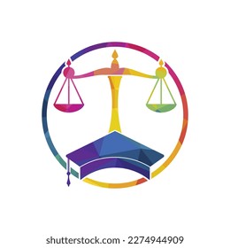 Law scale with graduation cap icon logo design. Law education vector logo concept.