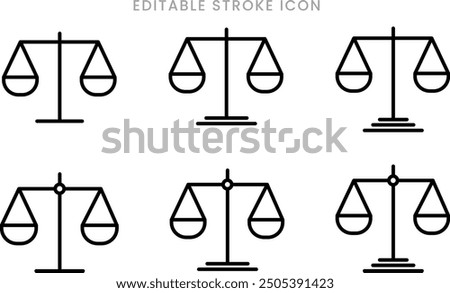 Law scale icon set. Justice scales symbol. Judge equality sign vector illustration editable stroke.